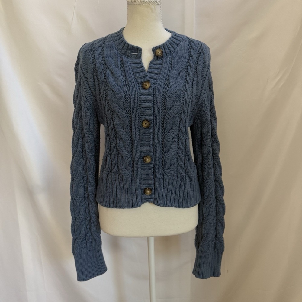 Abercrombie & Fitch Women's Cable Ribbed Knit Cardigan M Blue Chunky Crop
